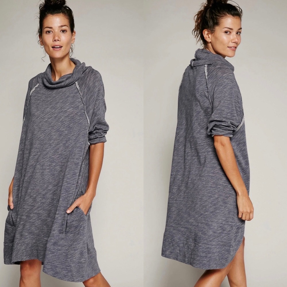 Free People FP Beach Terry Cocoon Cowl Neck Grey Lagenlook Oversized Dress